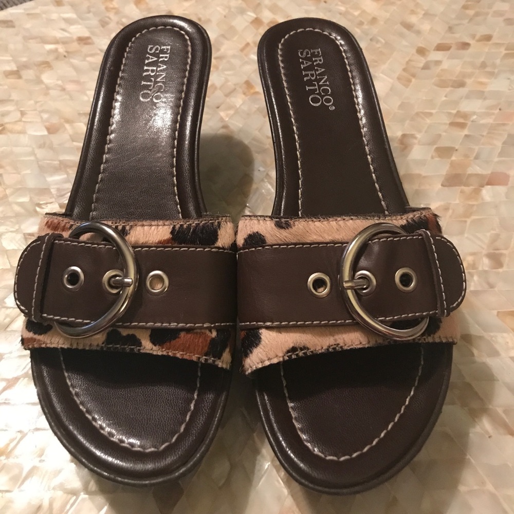 Franco Sarto Brown Leather and Animal Print Sandal