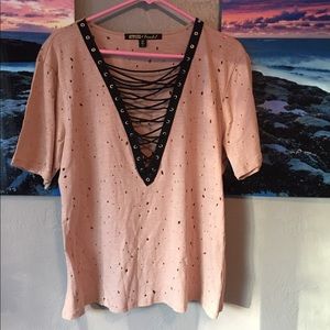 Beige Distressed Lace-up Tee