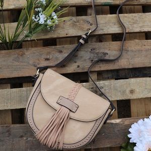 Tan fringed crossbody bag
