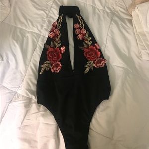 Mesh Embroidered Bodysuit Black