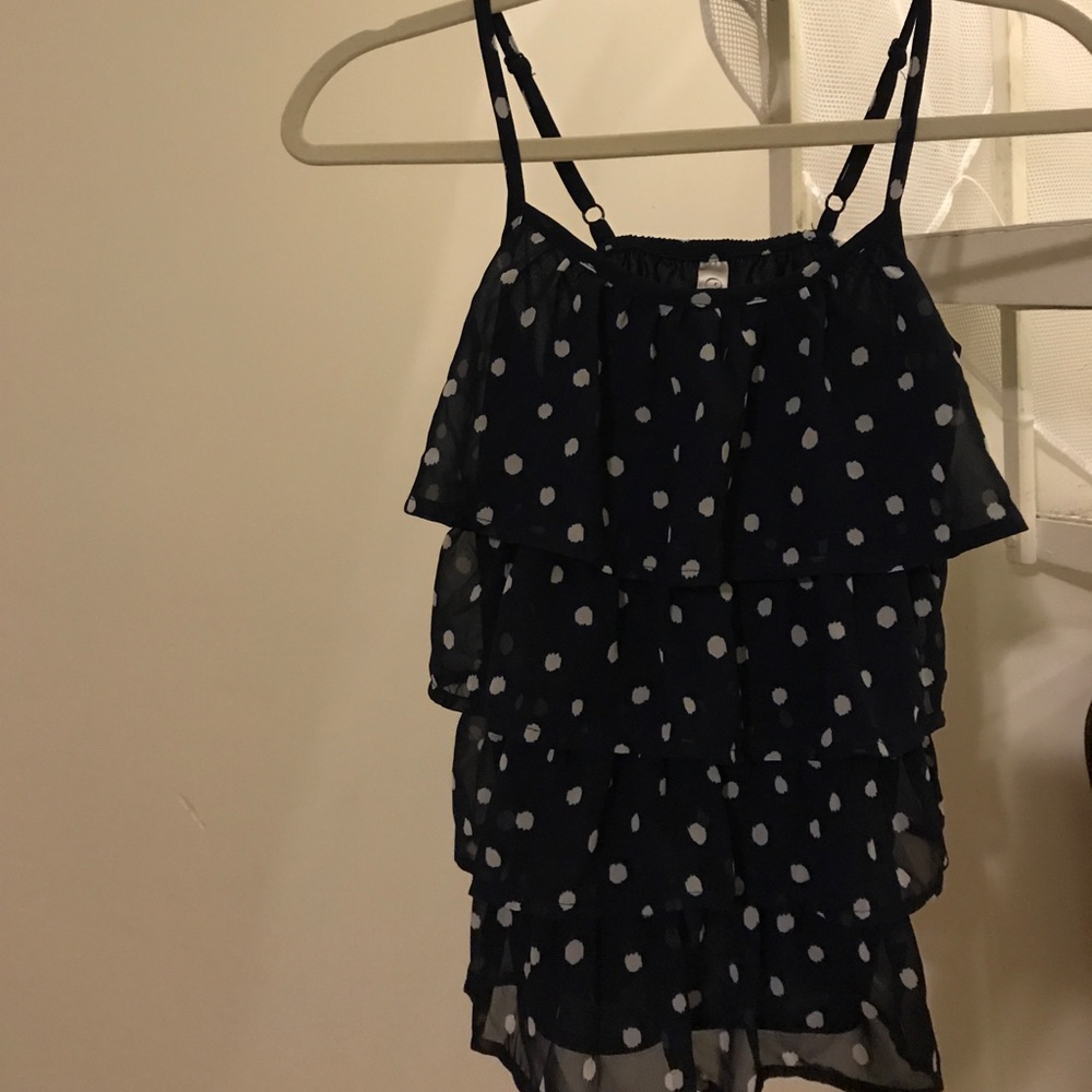 Blue polka dot ruffle tank top