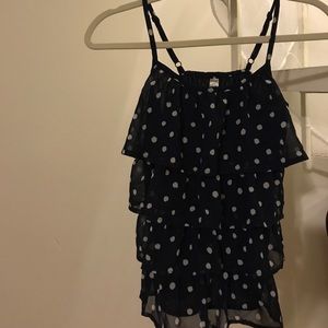 Blue polka dot ruffle tank top