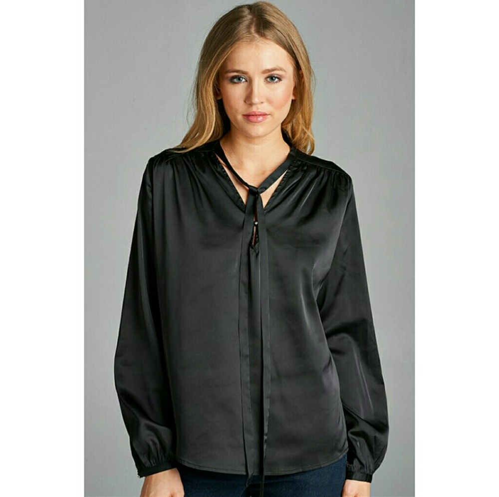 Black silk tie neck choker shirt blouse 1 Medium left - Picture 2 of 6