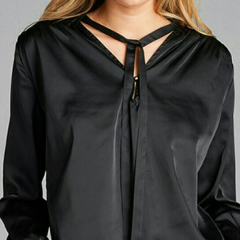 Black silk tie neck choker shirt blouse 1 Medium left - Picture 6 of 6