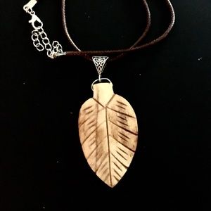 Wood Carved Feather Pendant Necklace