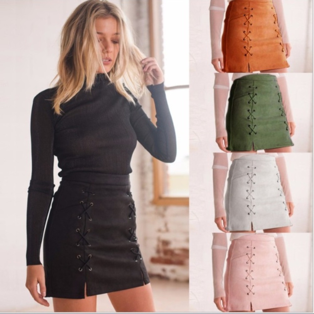 High Waist Suede Laceup Mini Skirt π - Picture 2 of 5