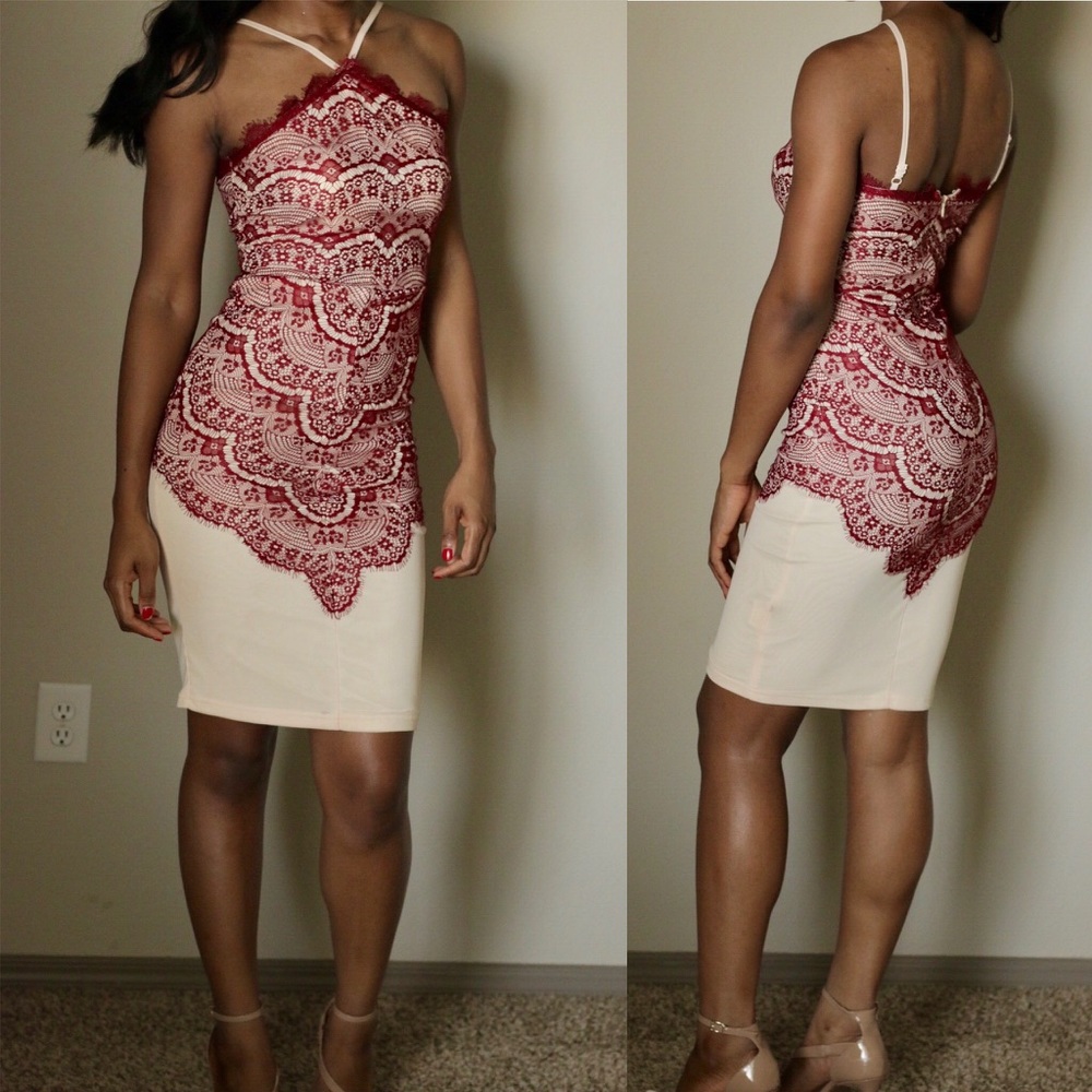 Burgundy Strappy Lace Overlay Midi Dress