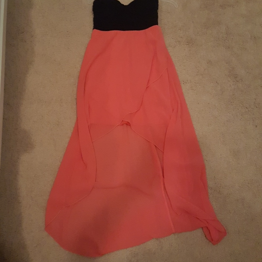 Strapless black and coral dress