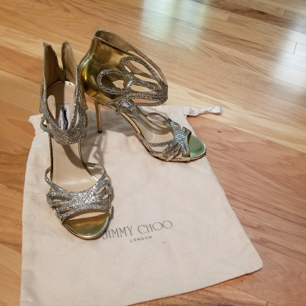 **SOLD** Jimmy Choo, gold with glittery straps