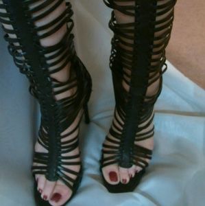 Black Gladiator Style Heels w/Fringe Zipper
