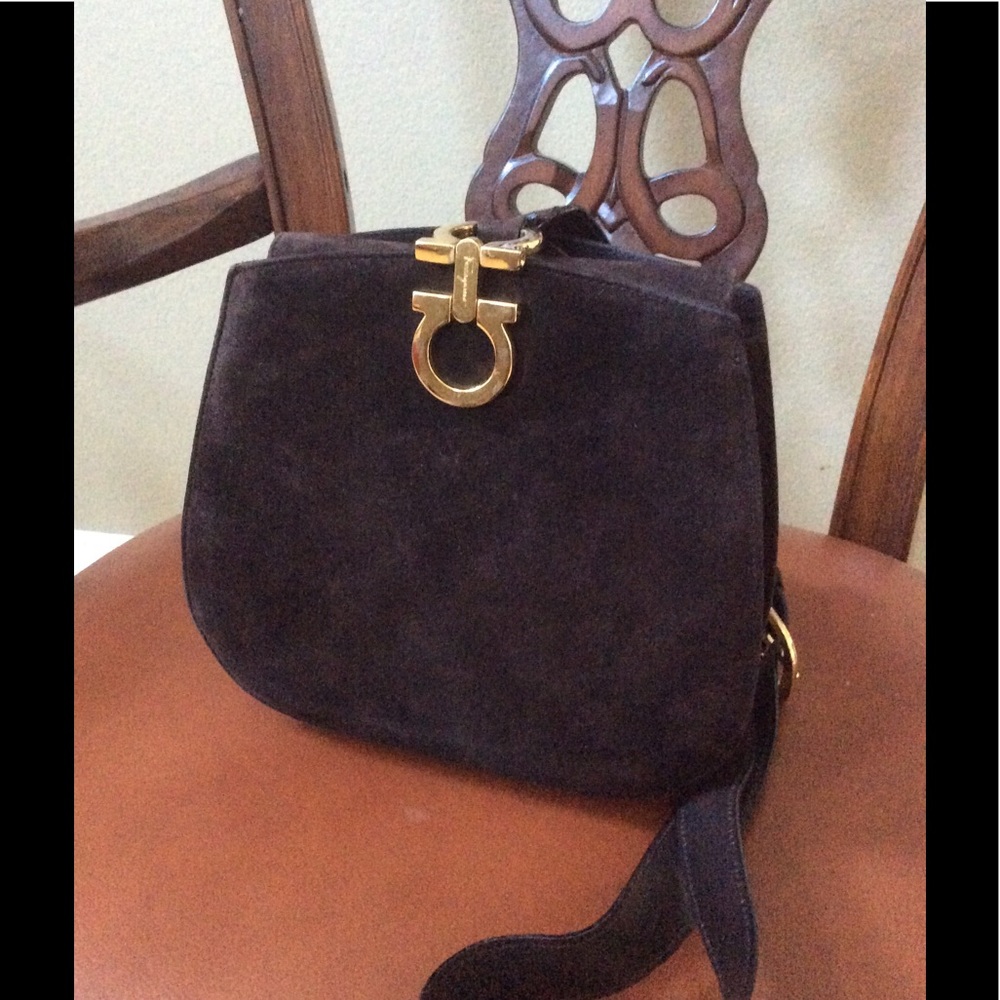 RARE FERRAGAMO Gancini BROWN SUEDE Bag GOLD HW