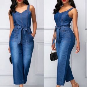 High Waist Open Back Pocket Blue Jumpsuit