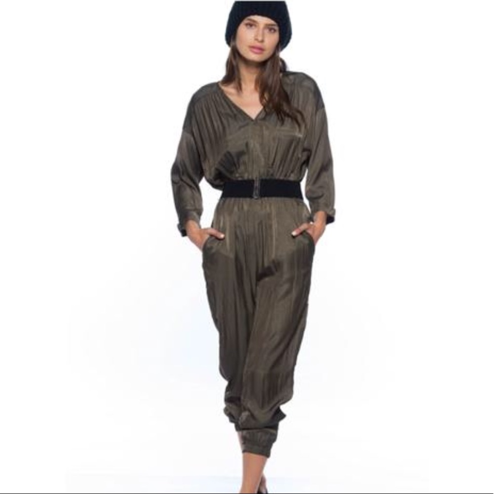 OLIVE GREEN WIDE BELT JUMPSUIT - Picture 2 of 6