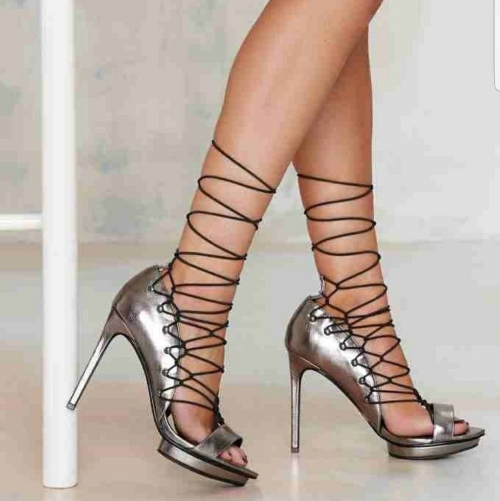 New Nasty Gal Pewter Sexy Wrap Queen Lace Up heels