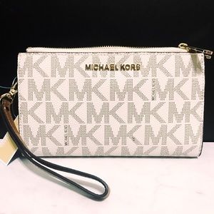 Brand NWT MK Vanilla Signature Double-Zip Wristlet