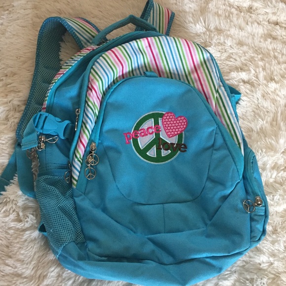 Peace love Embroidered blue backpack - Picture 1 of 7