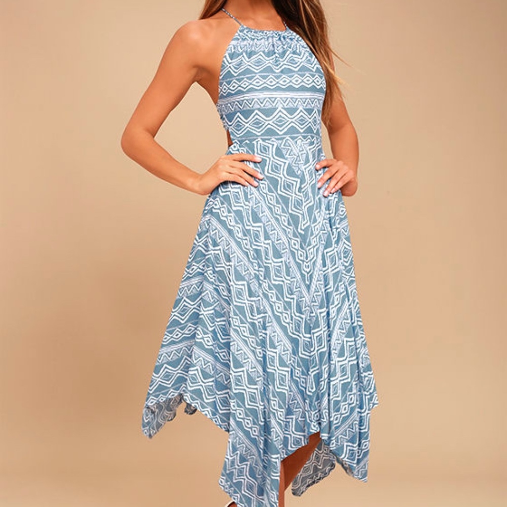 MOON RIVER FAIR ISLE SLATE BLUE PRINT MIDI DRESS