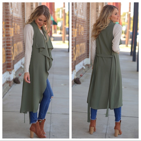 Olive sleeveless waterfall vest with removable tie - Picture 5 of 5