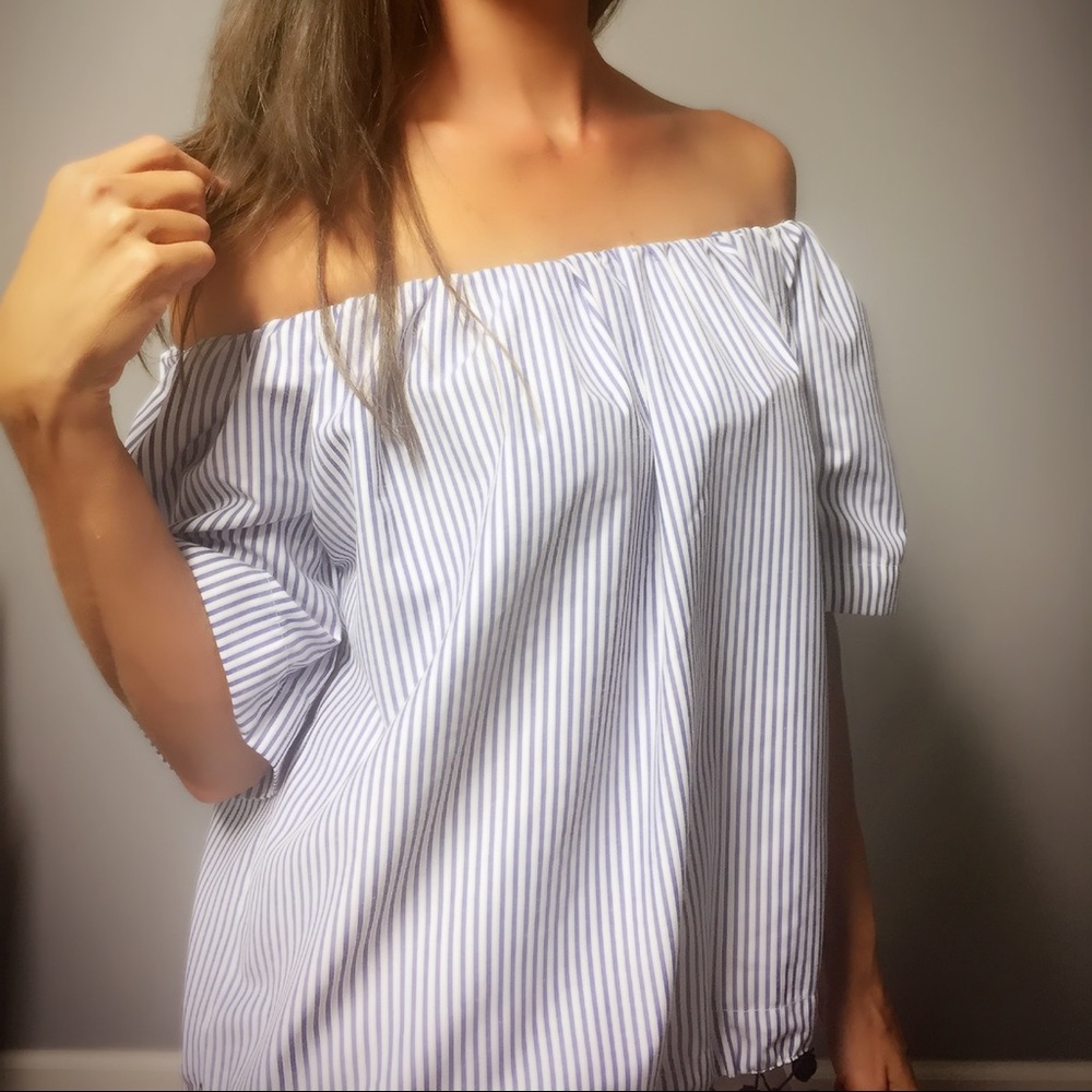 Striped Off Shoulder Top with Pom Pom Detail - Picture 2 of 8