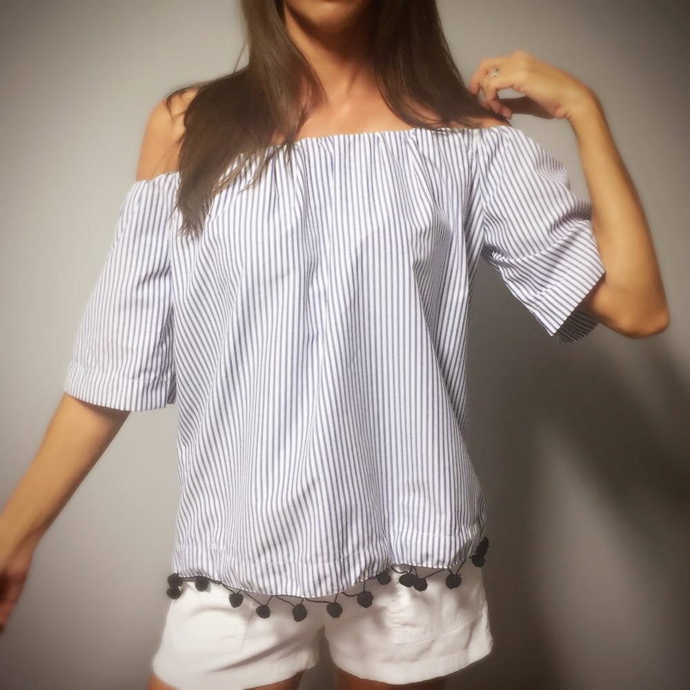 Striped Off Shoulder Top with Pom Pom Detail - Picture 6 of 8
