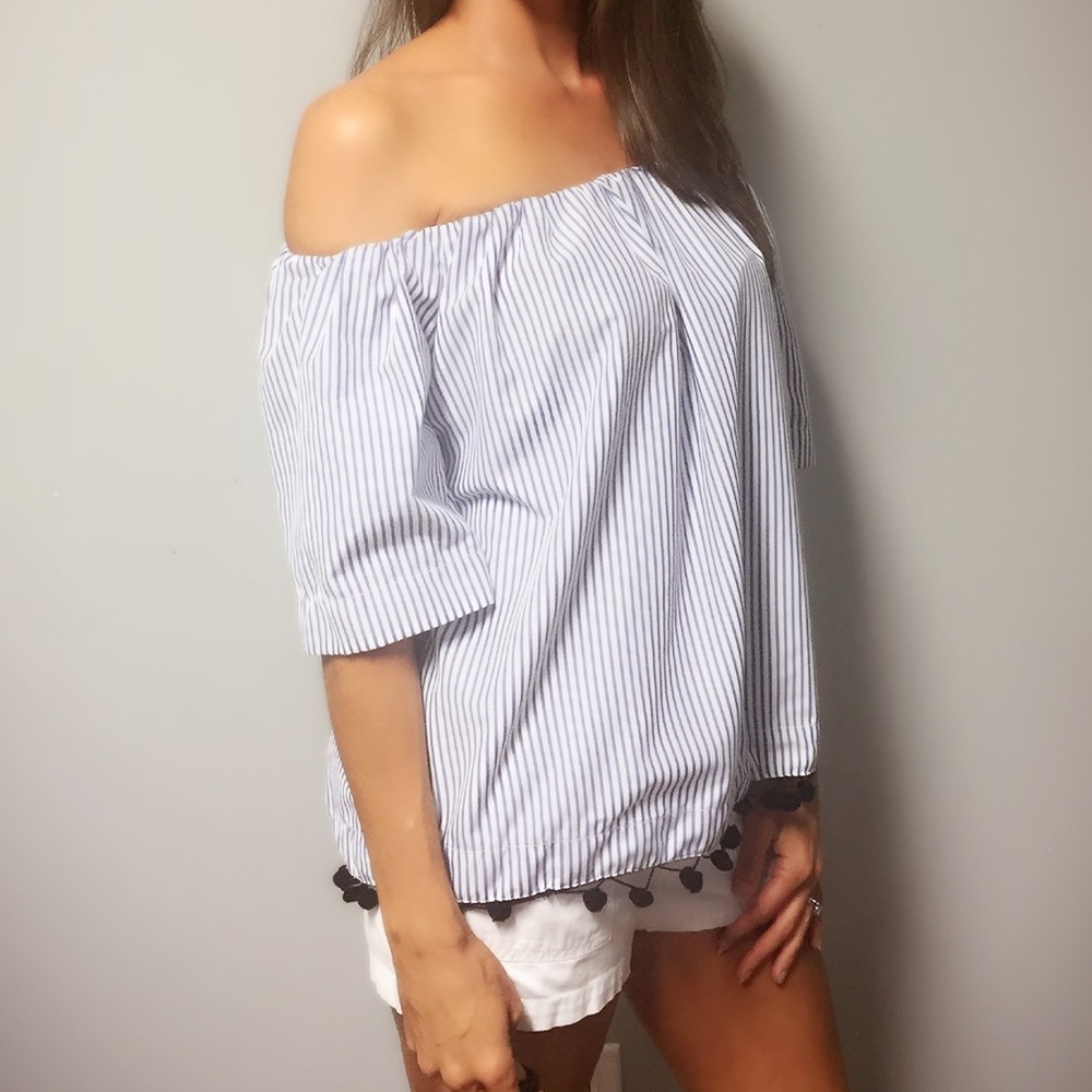 Striped Off Shoulder Top with Pom Pom Detail - Picture 3 of 8