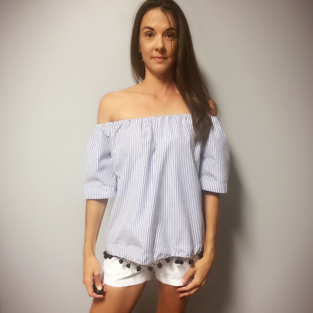 Striped Off Shoulder Top with Pom Pom Detail - Picture 4 of 8