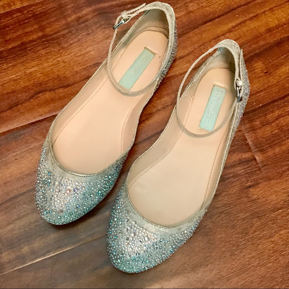 Blue, Betsey Johnson Joy Jeweled Ankle-Strap Flat