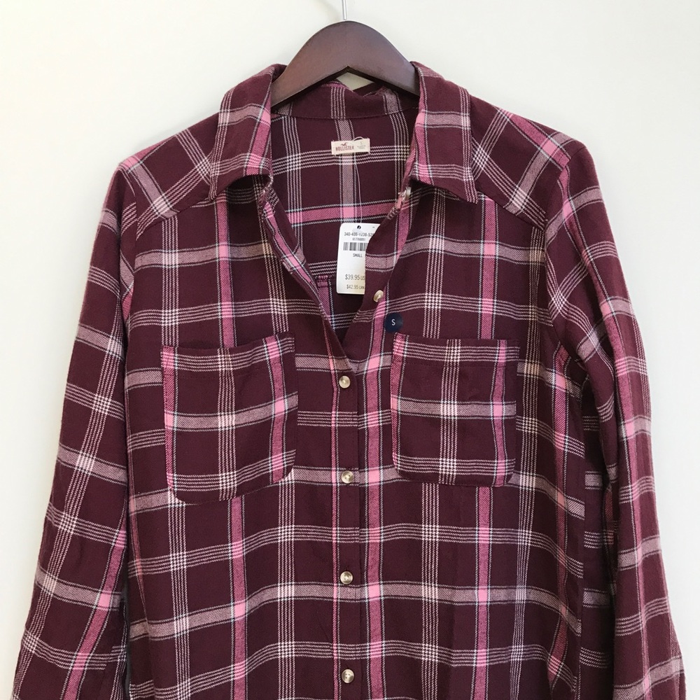 hollister maroon plaid button down flannel shirt