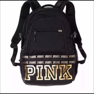 VS pink balack and gold backpack.