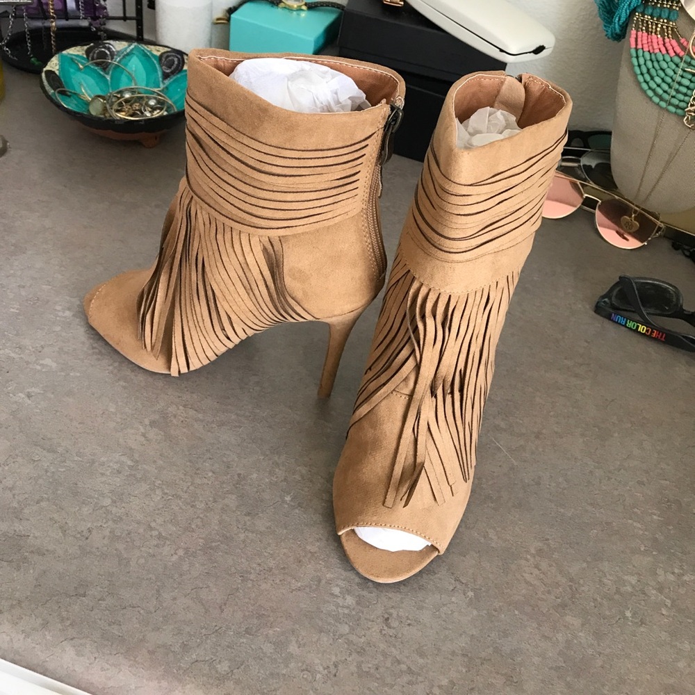 Peep toe fringe ankle boots