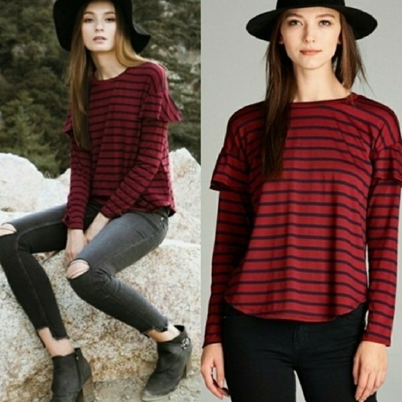 Red & Black Striped Ruffle Sleeve Blouse - Picture 2 of 5