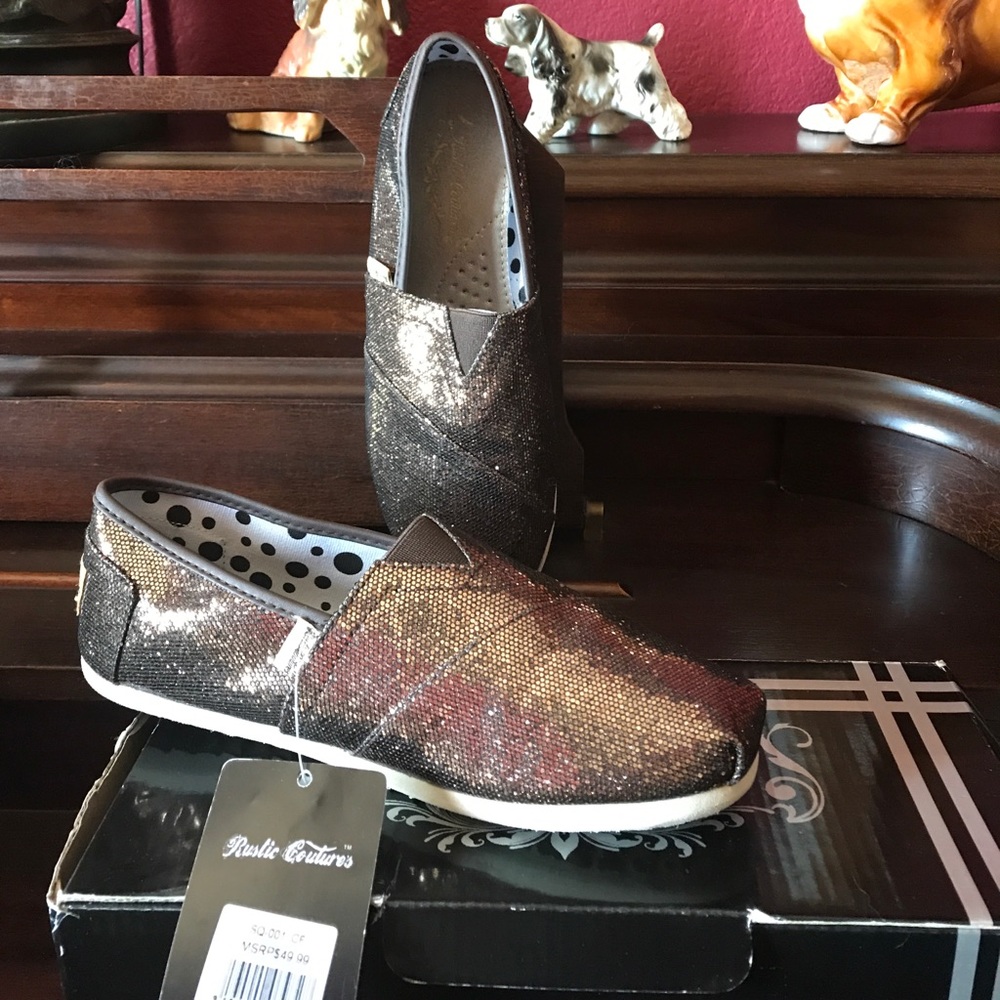 Rustic Coutures brown glitter slip on shoes