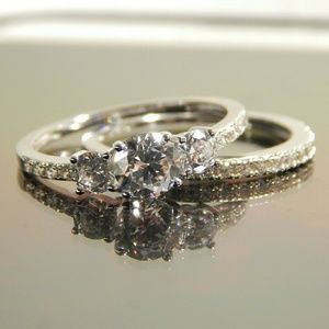 Sterling Silver 3 Stone Engagement Set
