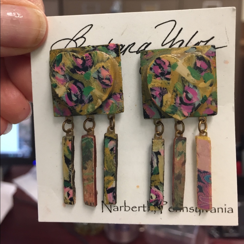 Earrings hand painted boutique 1 of a kind hearts-shapes dangles