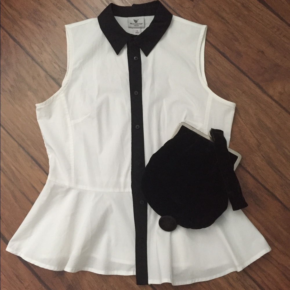 White Black Peplum Button up Button Down Staple