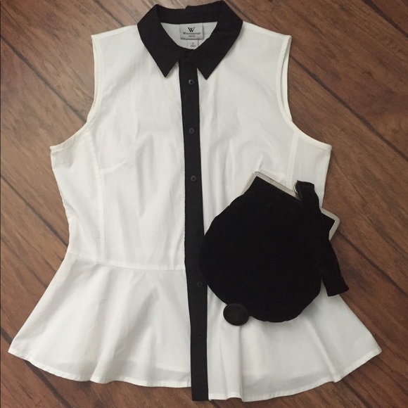 White Black Peplum Button up Button Down Staple - Picture 1 of 7