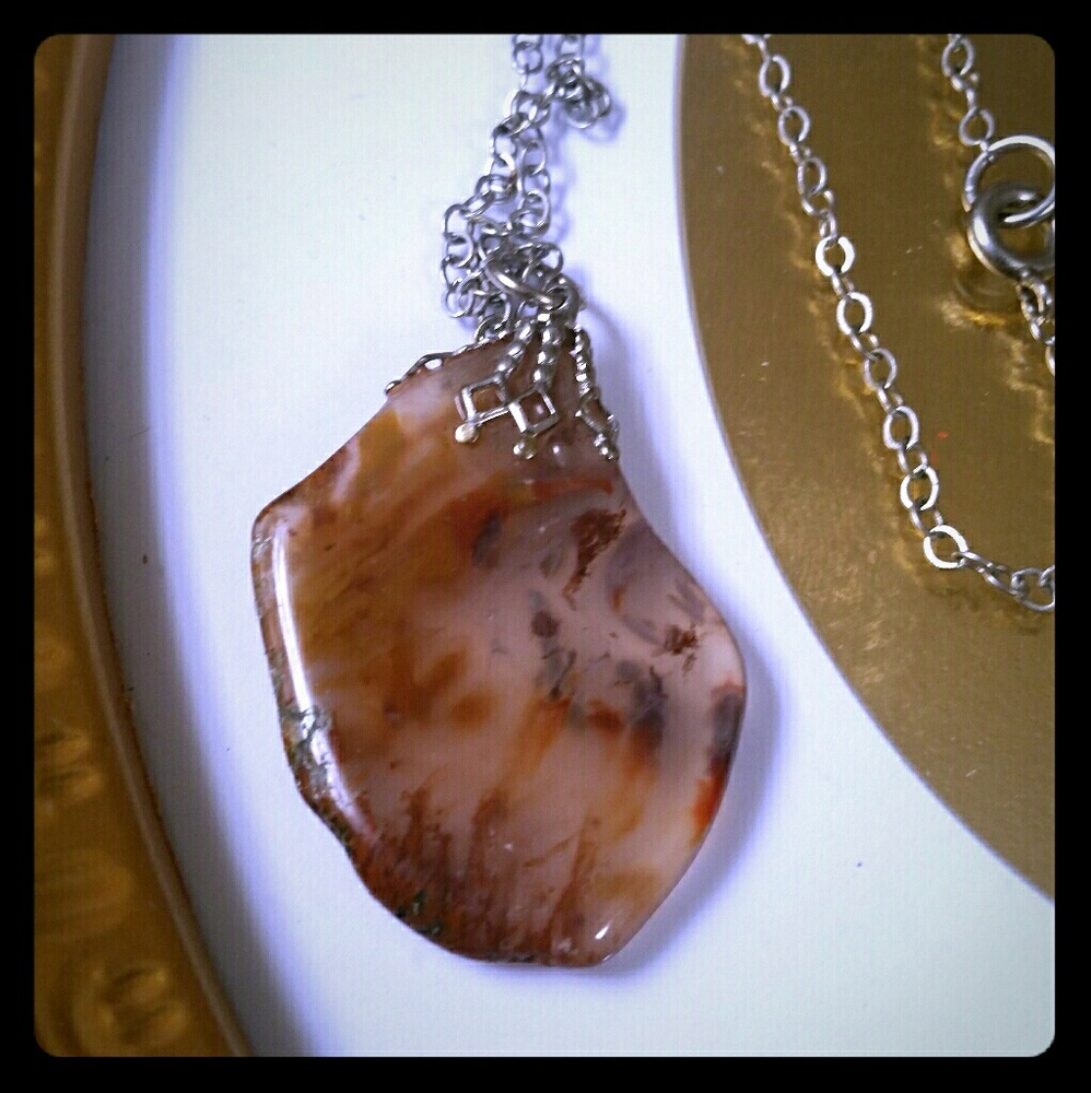 ♡4/$20 Large stone rock pendant silver necklace
