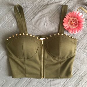 Army green gold studded zip up crop top