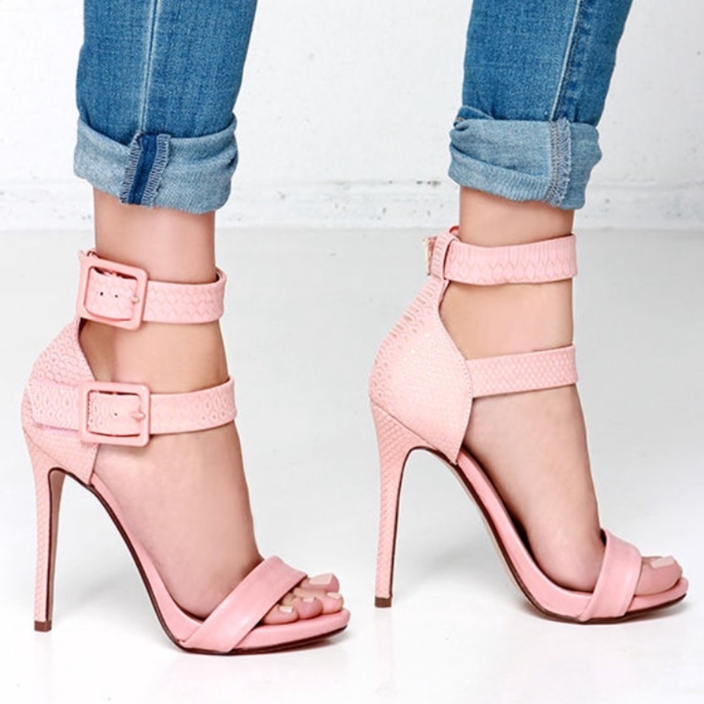 Salmon heel double strap snakeskin heel