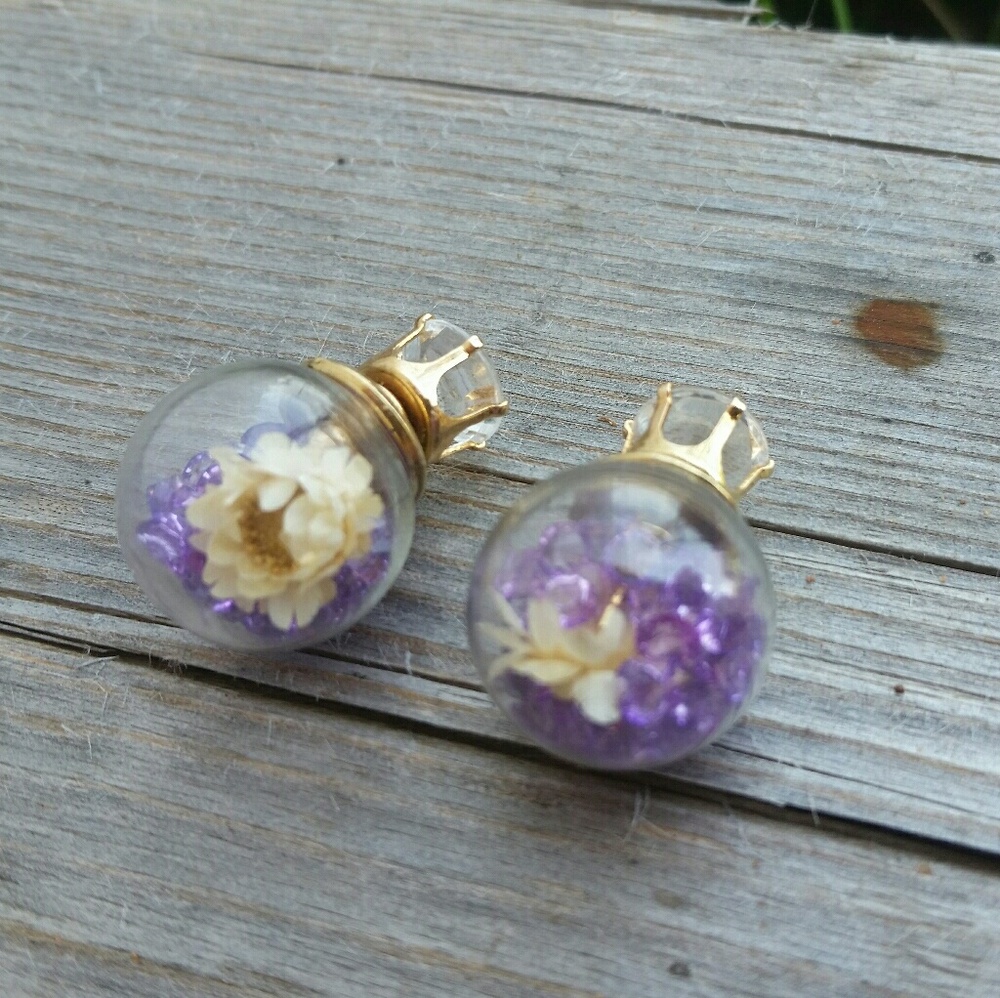 Glass Bubble earrings W/beads & Flower