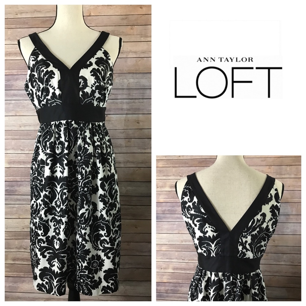 Loft Black and White Damask Dress Size 6