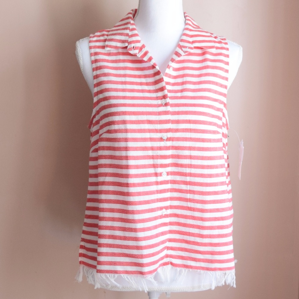 Women's Button Down Fringe Tank Top Red & White M