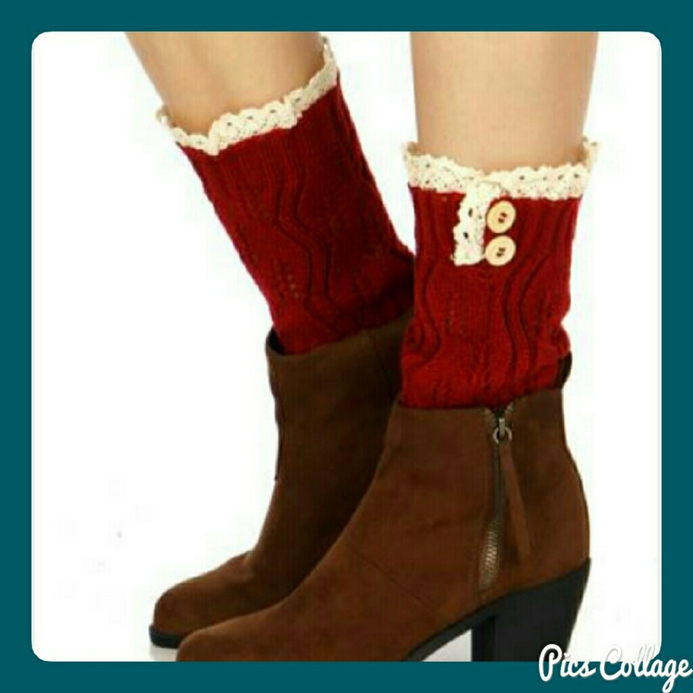 Dark Red Ankle Warmers/Cream Lace Boot Cuffs
