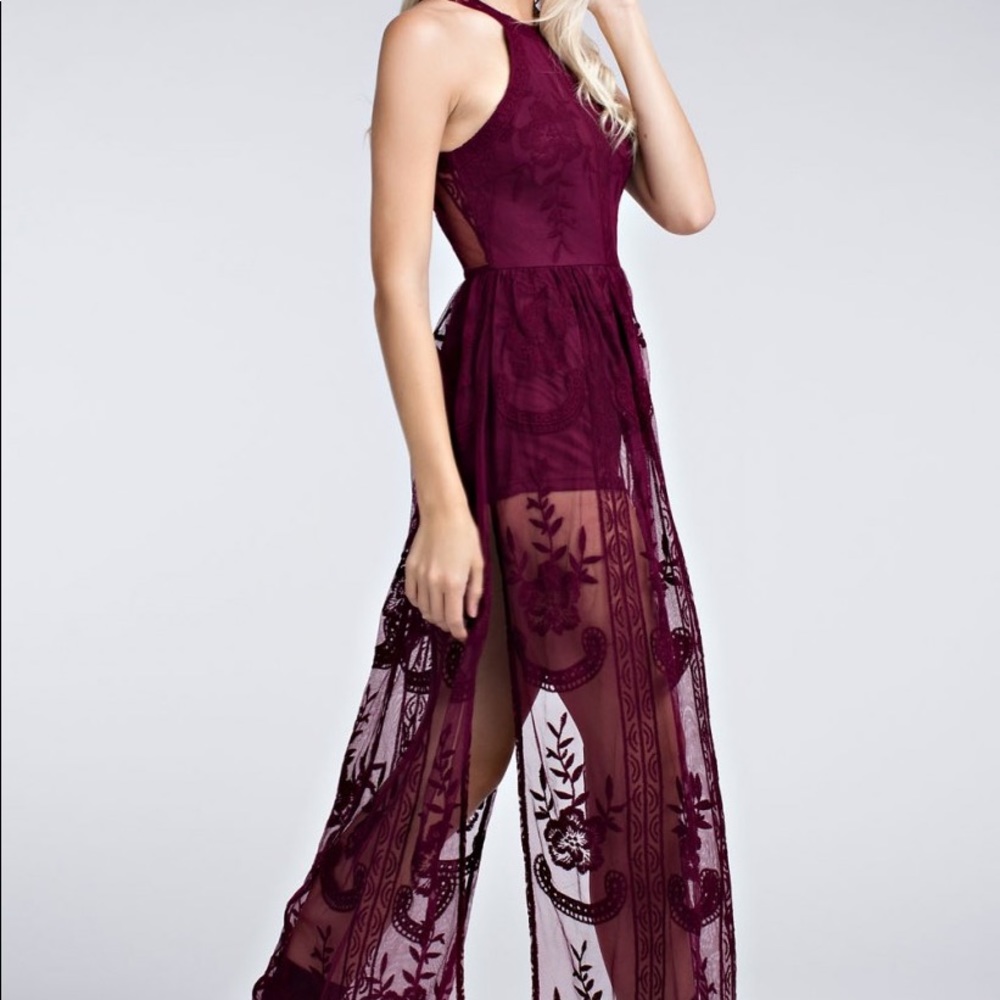 Wine Halter Lace Maxi Romper - Picture 3 of 4