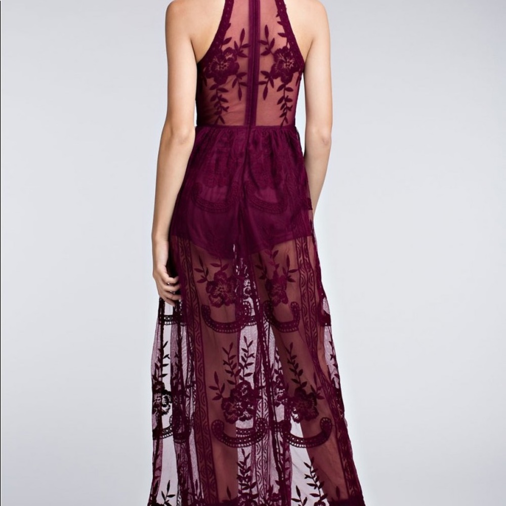 Wine Halter Lace Maxi Romper - Picture 4 of 4
