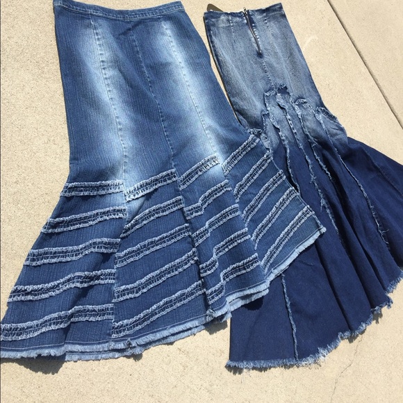 Denim boho distressed flare jean denim skirt L 12 - Picture 1 of 7
