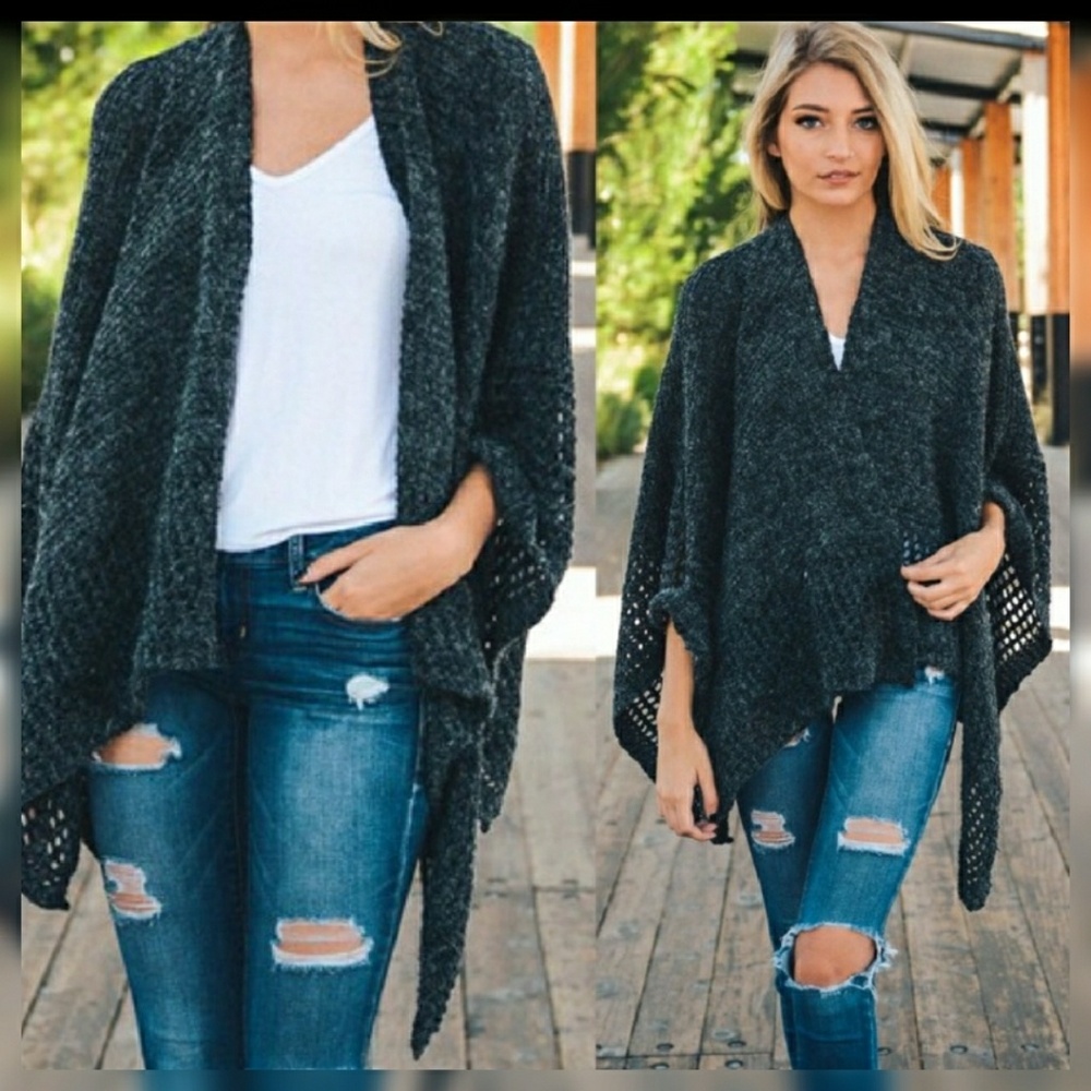 Charcoal Gray Knit Open Wrap Cardigan