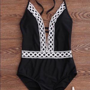 Crochet Panel Halter Backless One Piece Swimsuit