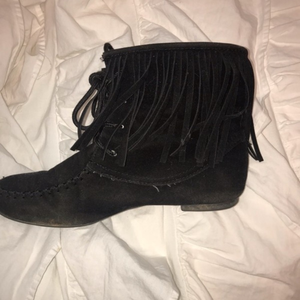 black fringe booties