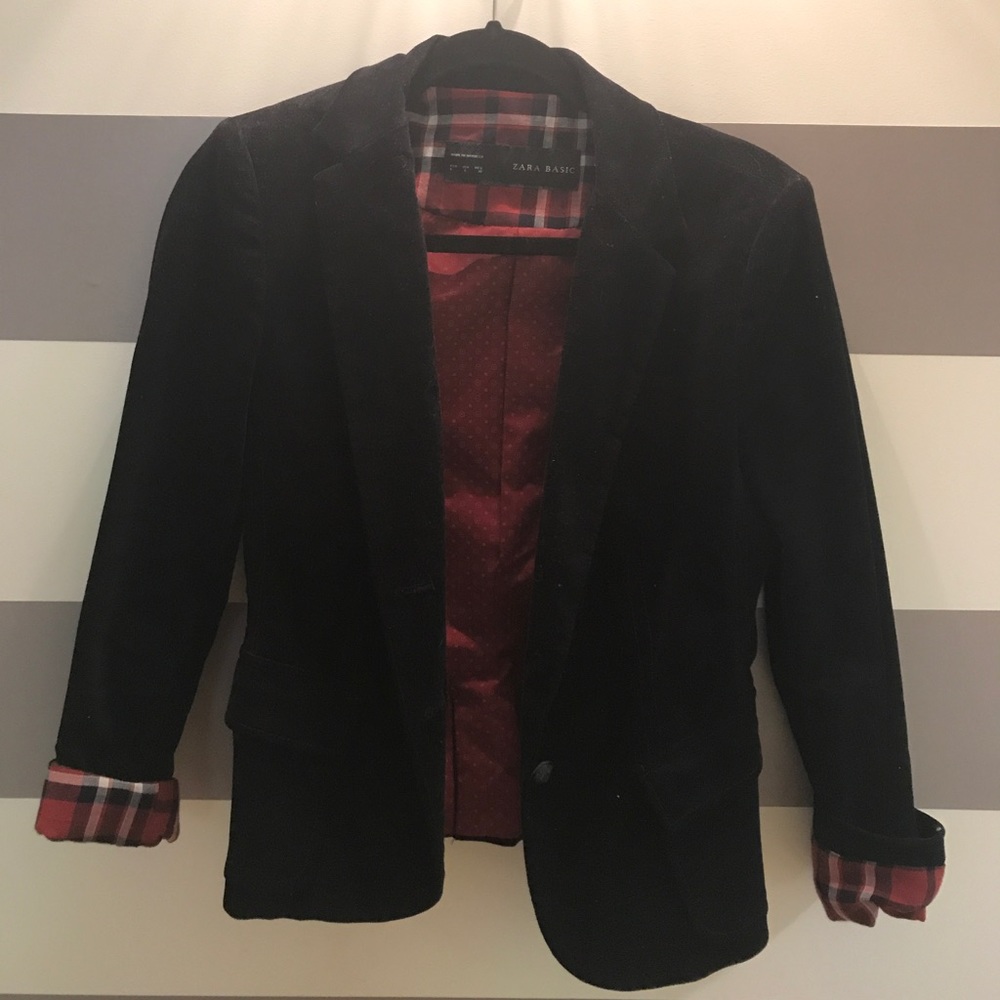 Zara Navy Corduroy Blazer with Plaid Trim
